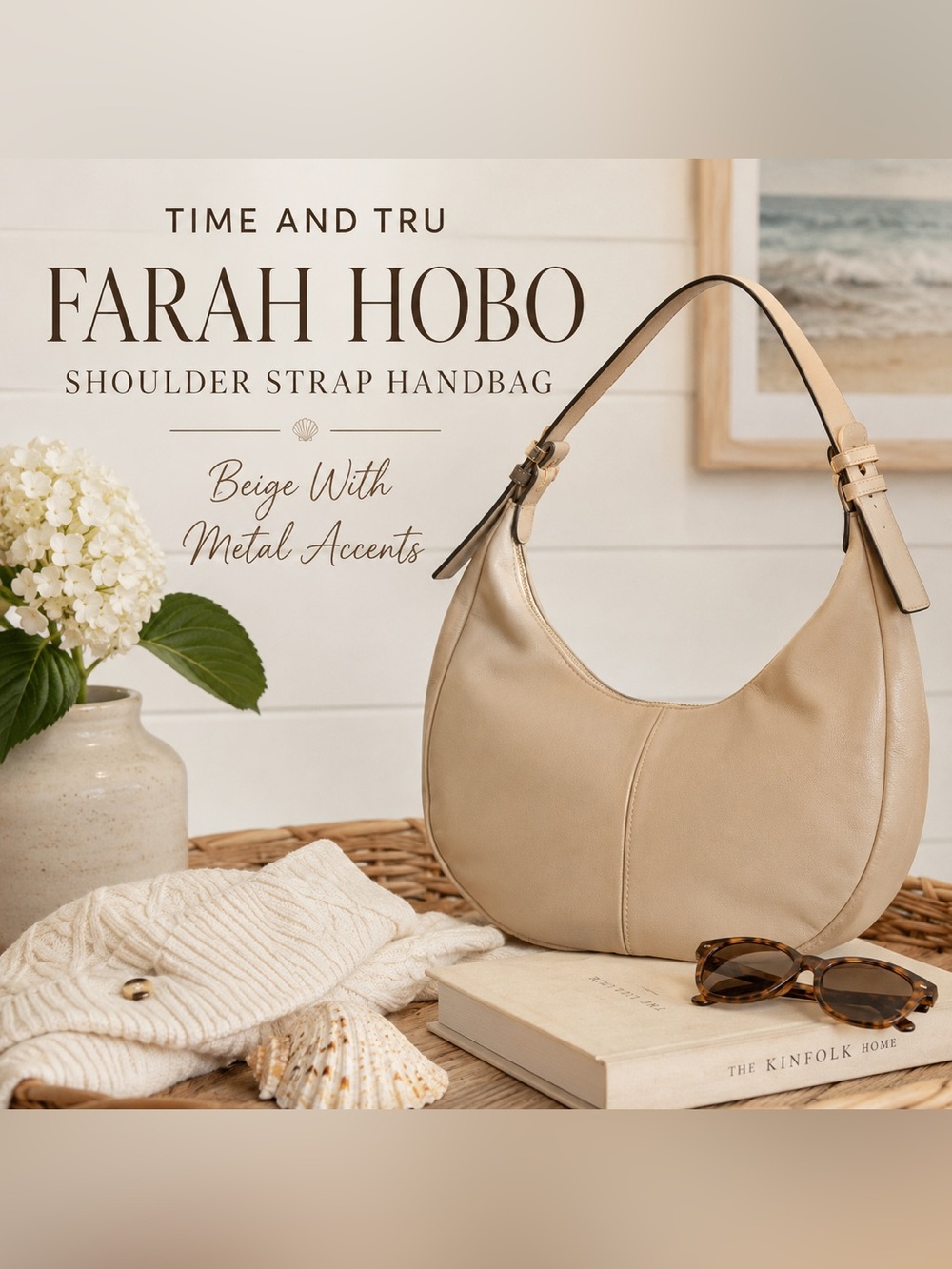 Time and Tru Farah Hobo Shoulder Handbag Beige Metal Accents Adjustable Strap